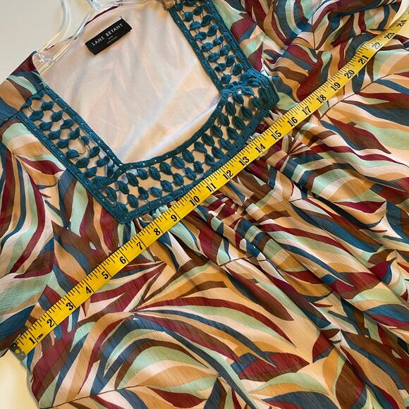 Lane Bryant Square-Neck Boho Top Womens Size 14/16 Teal Brown & Burgundy Leaf - Picture 8 of 9